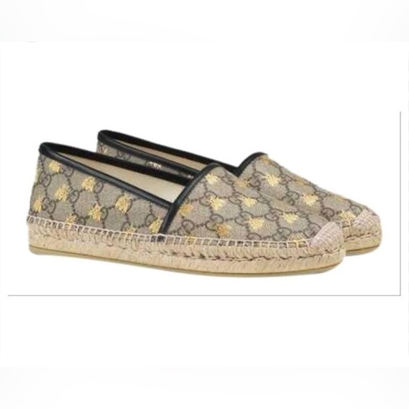 GUCCI Beige Gold GG Supreme Canvas Leather Bee Espadrilles 38 - Picture 2 of 10
